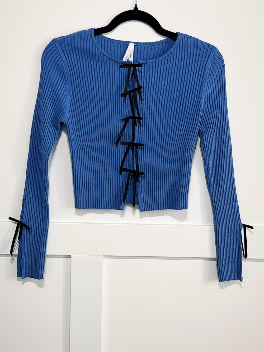 Coquette Ribbed Knit Multi-Bow Tie Front Cardigan, Cobalt Blue balletcore